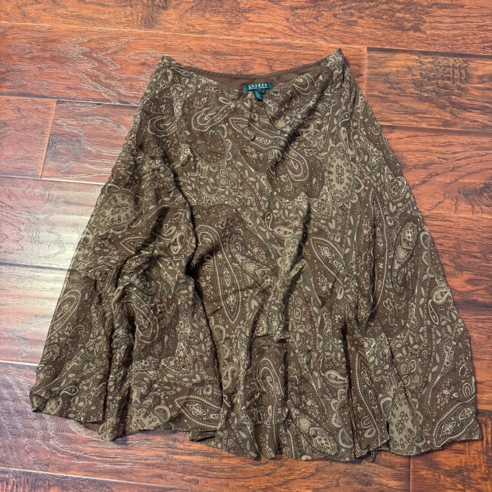 Boho Paisley Silk Midi Skirt Women Size 4 Lauren Ralph Lauren Brown A-Line Lined